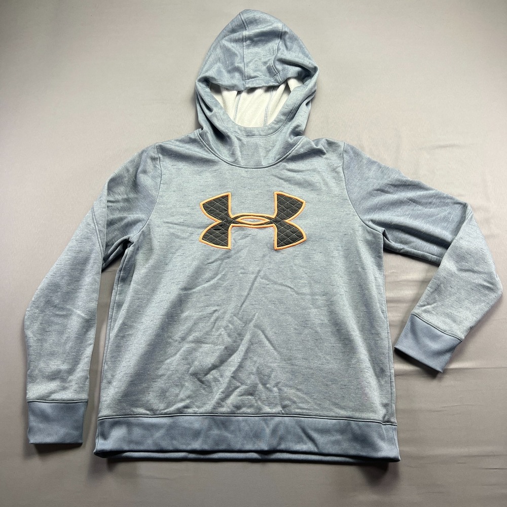 Under Armour Cold Gear Hoodie Womens Large Gray Patch Logo Fleece Ribbed Hem